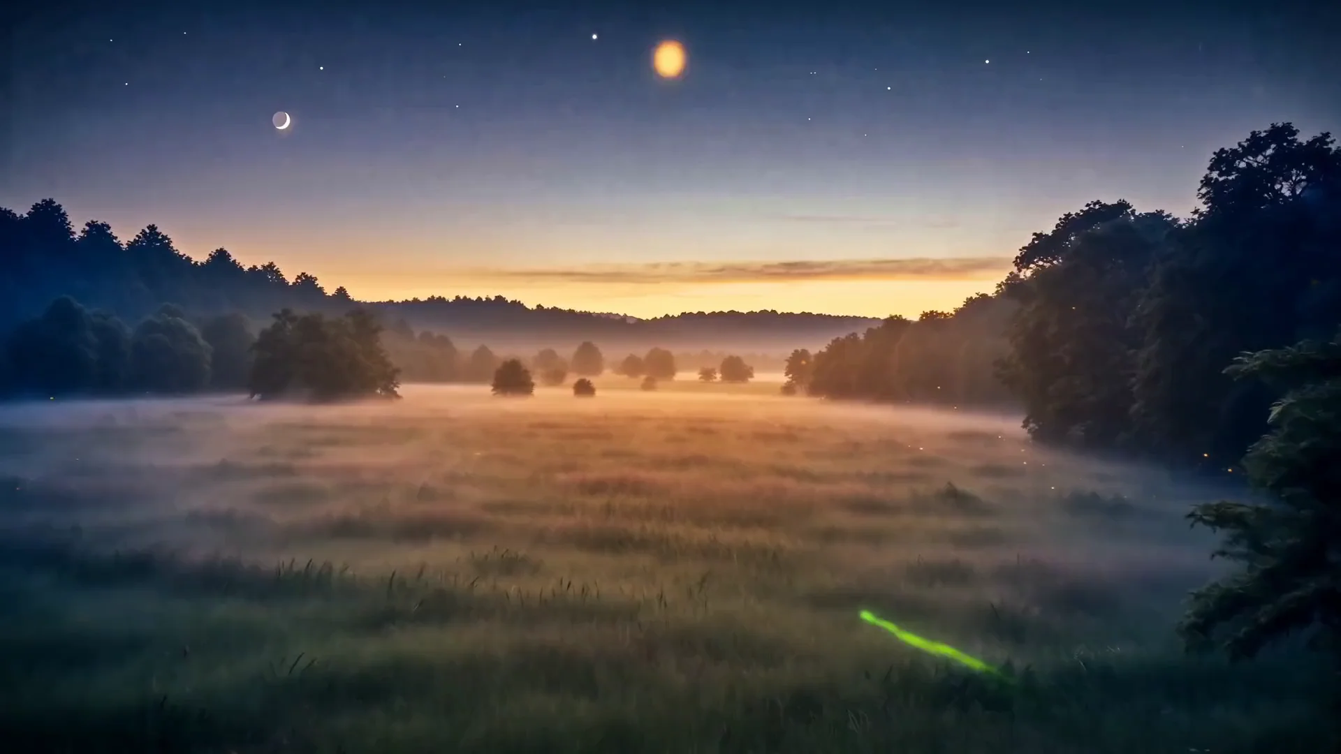 A vast field at twilight, thousands of golden fireflies drifting through the dark.